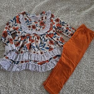 Floral Ruffle Dress with Orange Leggings